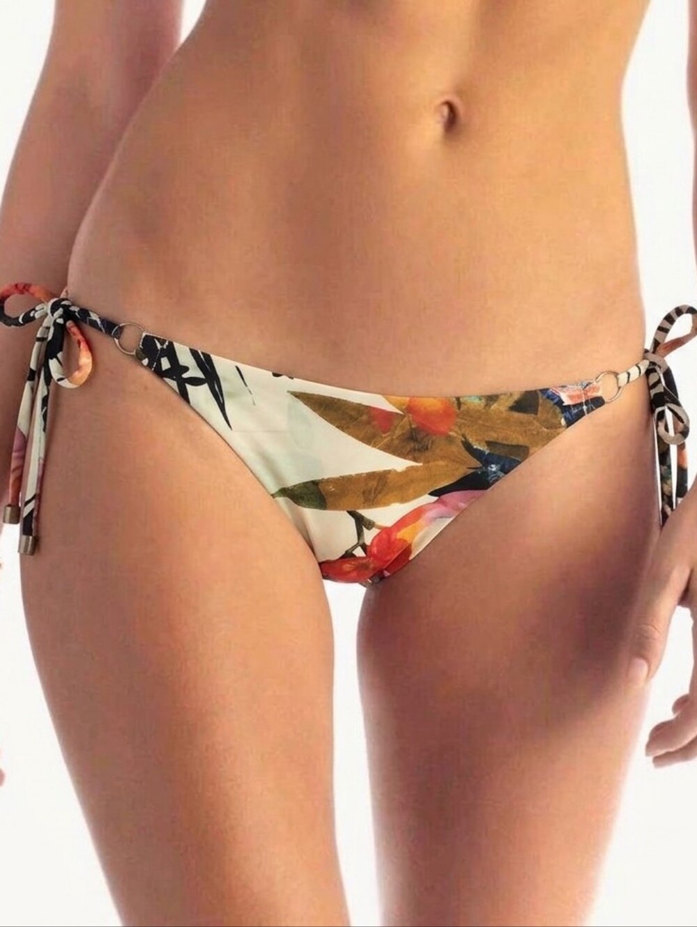 Vitamin A Floral Bikini Bottom - With Burnt Orange & Green Floral Print Side Tie